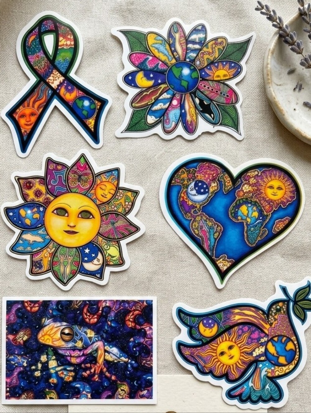 6pc Retro Hippie Boho Sticker Lot Sun Moon Frog Heart